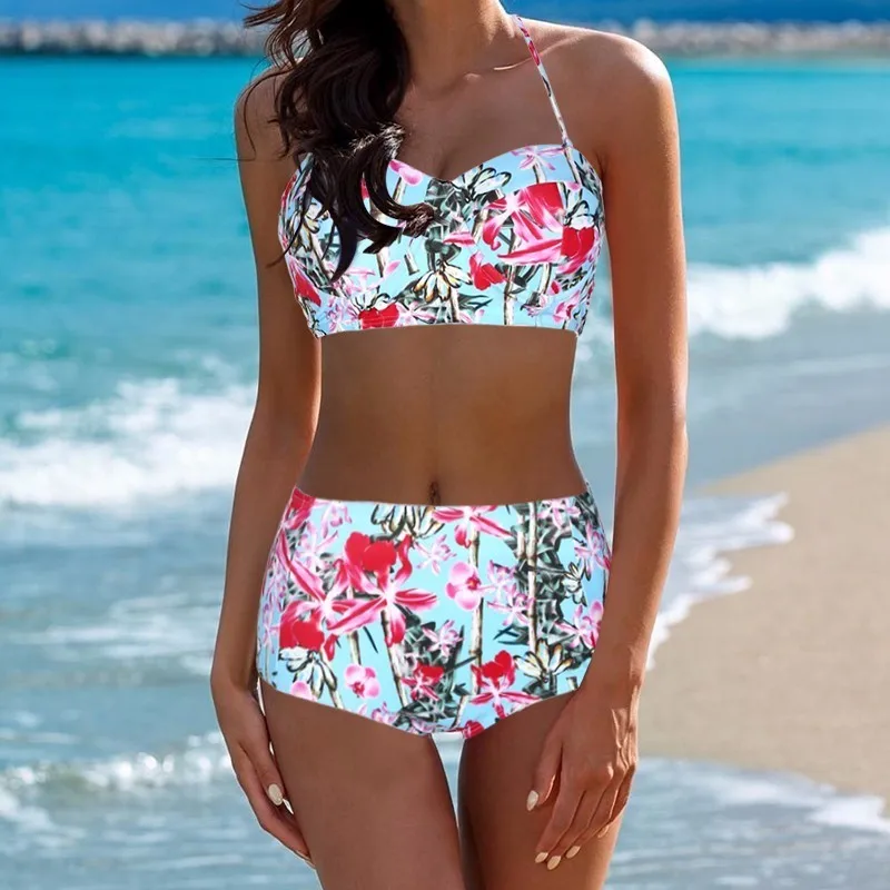 

Bikinis Halter Top Push Up Print High Waist Bathing Suit Floral Plus Size Bikini Set 2019 New Style Swimsuit Women Swimwear XXL