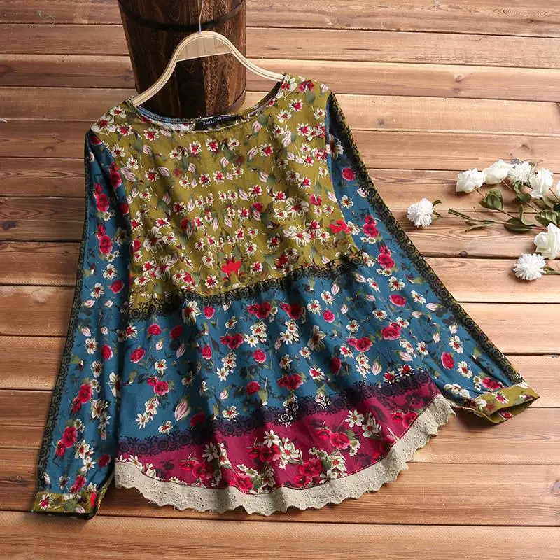 ZANZEA женский винтажный хлопковый льняной Топ, Весенняя блузка с цветочным принтом, рубашка с длинным рукавом, Повседневная Туника, Кружевная блуза в стиле пэчворк
