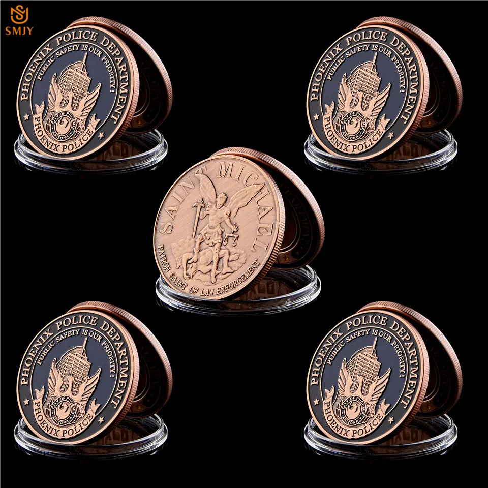 

5Pcs USA Phoenix Police Agency Archangel St. Michael The Prayer Bronze Token Challenge Coins Collectibles