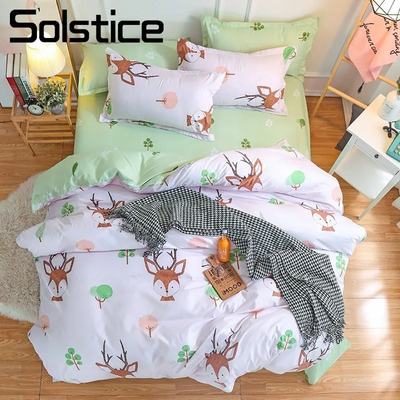 

Solstice Home Textile Single Twin Bedding Sets Deer Cartoon White Green Duvet Cover Pillowcase Sheet Teenage Kid Girl Bed Linens