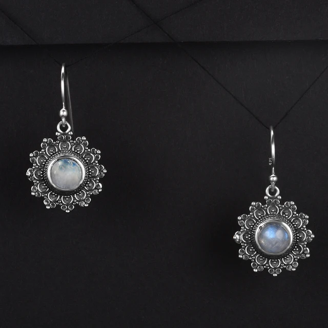 Natural Moonstone Round 6MMS925 Sterling Silver Earrings Vintage Chrysanthemum Earrings Engagement Party Anniversary Gifts