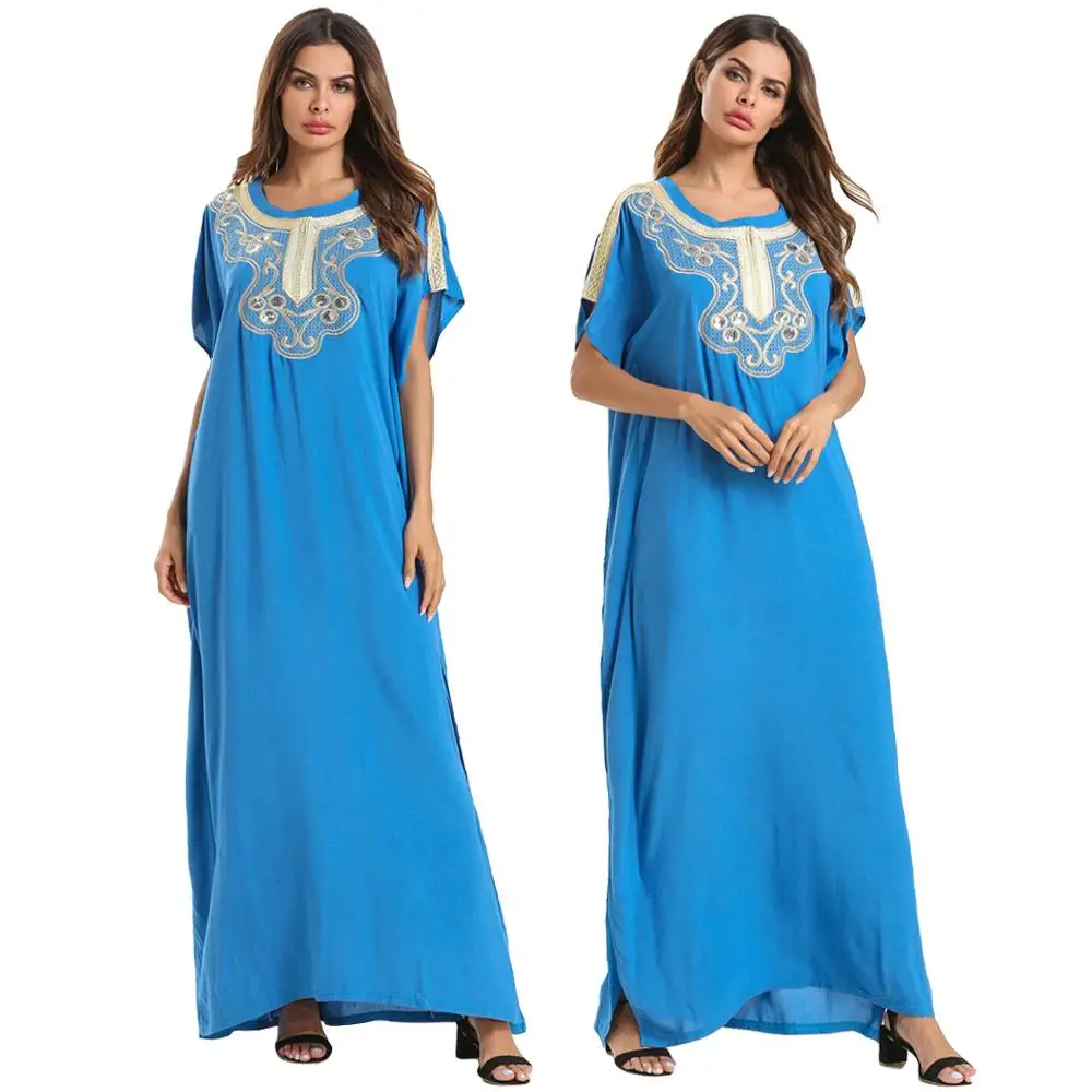 Мусульманское Для женщин длинное платье Исламская Абая женское платье макси Этническая короткий рукав свободные Повседневное летнее