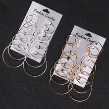 Pendientes para mujer 6 par/set Vintage plata oro gran círculo mujeres Steampunk oreja Clip Metal(China)
