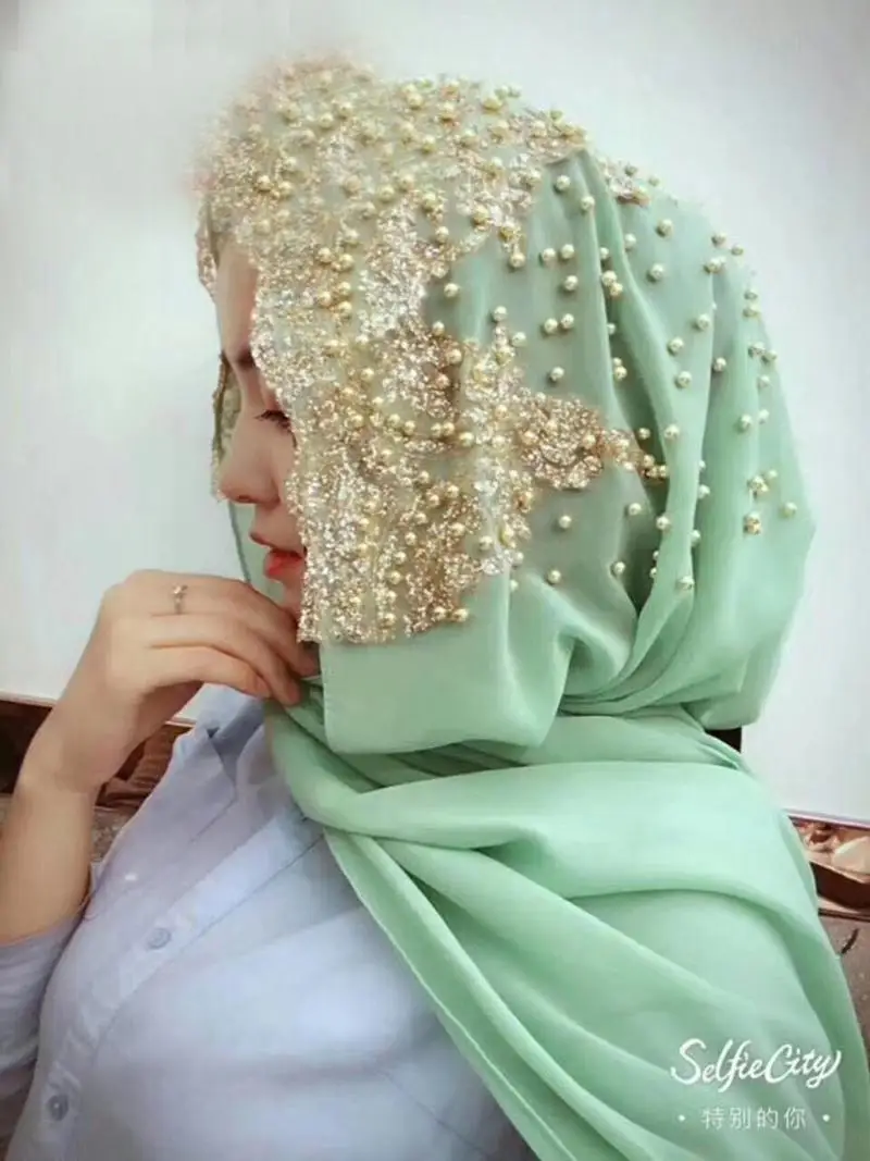 

Fashion Gorgeous Long Muslim Hijab Women Long Scarf Pearl Wrap Shawl Headscarf Chiffon Turban Islamic Bandanas Ramadan Headwear