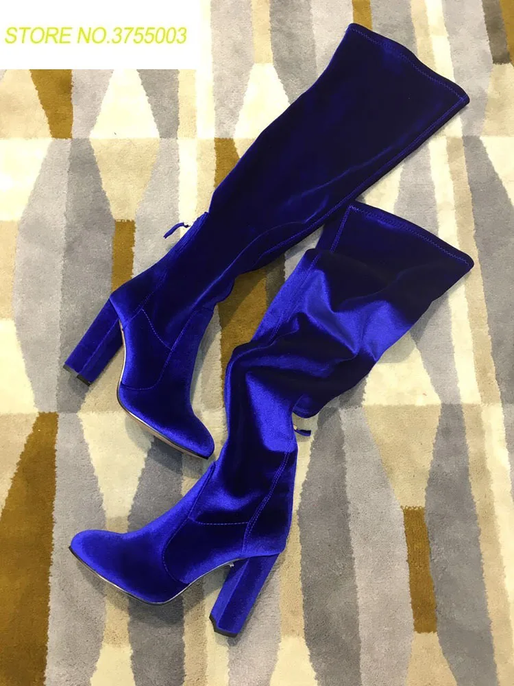 2018 Spring Fashion Blue Velvet Women Sexy Over The Knee Boots Pointy Toe Ladies Chunky Heel Knight Boots Stretch Material Boots 2018 Spring Fashion Blue Velvet Women Sexy Over The Knee Boots Pointy Toe Ladies Chunky Heel Knight Boots Stretch Material Boots