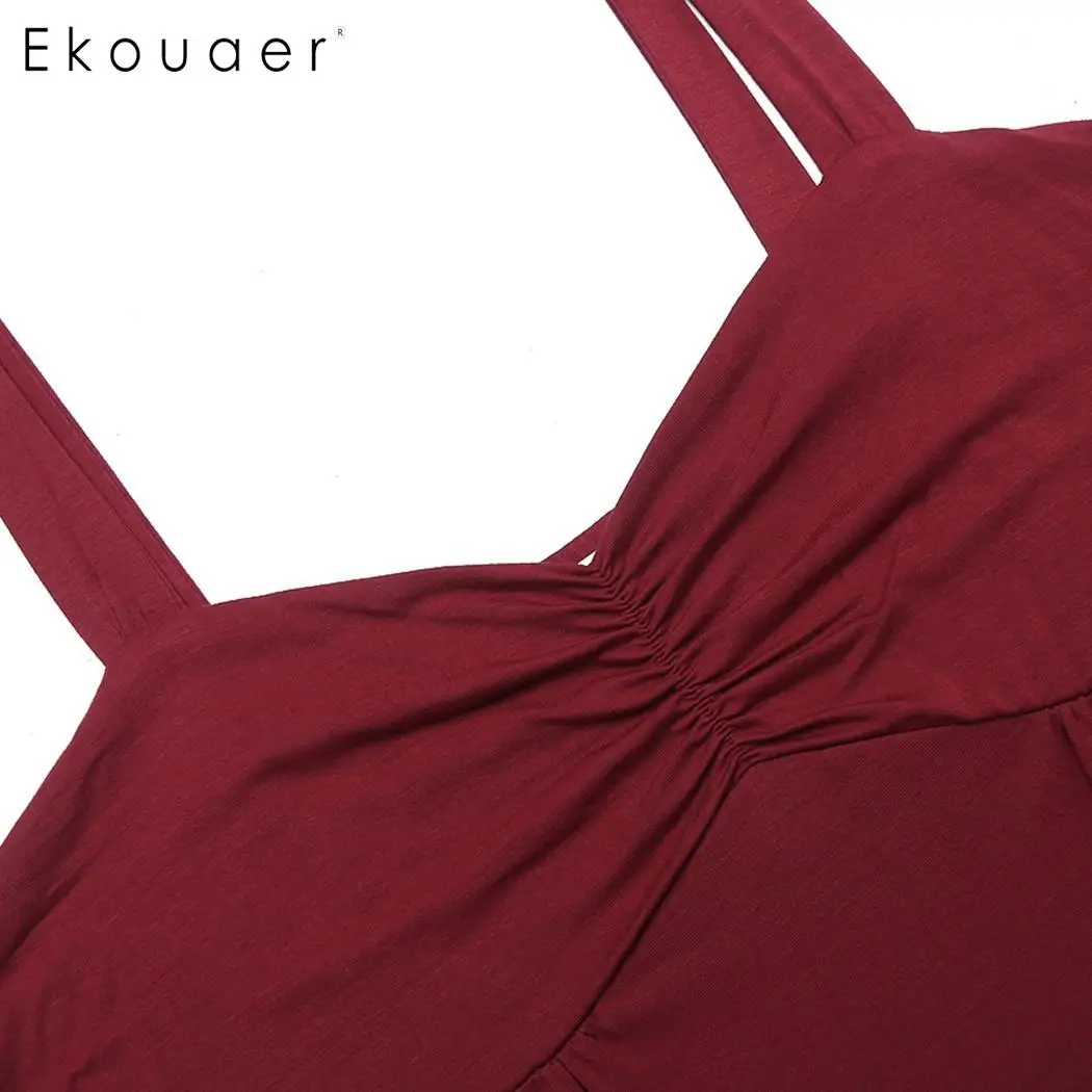 Ekouaer, женская сексуальная ночная рубашка, одноцветная, v-образный вырез, без рукавов, спереди, плиссированная, высокая талия, слинг, ночная рубашка, женское белье, одежда для сна
