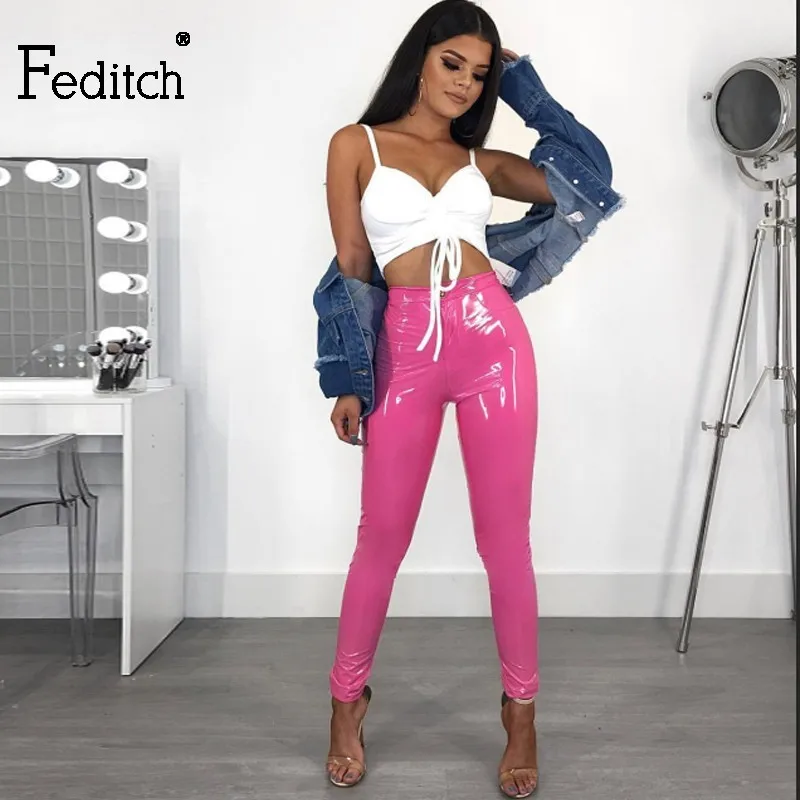 Fedtich Solid PU Leather Sexy Pants Fashion Zipper Skinny Pink Black