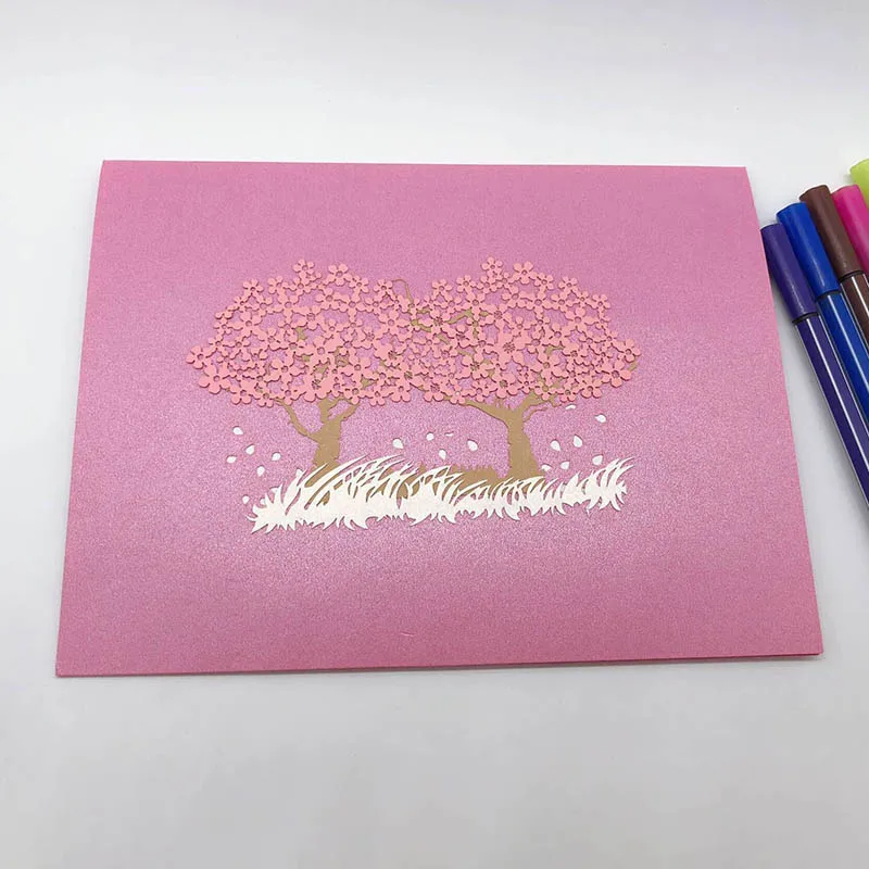  Romantic Pink Cherry Tree Greeting Card 3D Valentine's Day Birthday Decor Exquisite Gift Cards Wedd - 33003329484