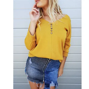 

New Women Casual Blouse Button Styles Loose Long Sleeve Pullover Solid Color Tops Blouse Female Soft Elasticity V-neck Shirt Hot