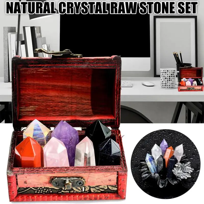 

5 PCS Colorful Natural Crystal Raw Stone Set Quartz Crystal Stone Point Healing Hexagonal Wand Treatment Stone For Home Decor