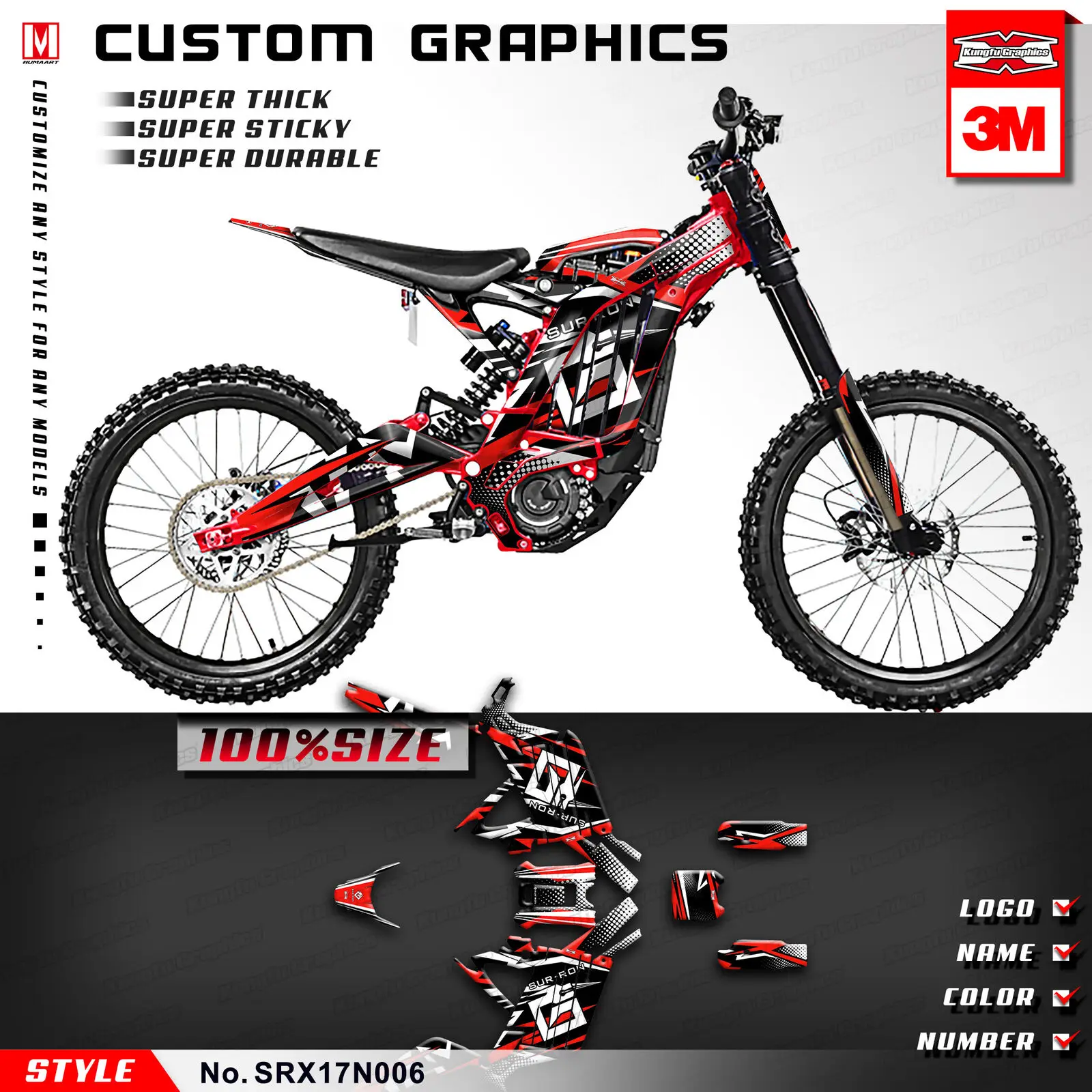 

KUNGFU GRAPHICS Custom Vinyl Stickers Off-road Decal Kit Vinyl Wrap for Sur-Ron Light Bee X Electric Bike (Style no. SRX17N006)