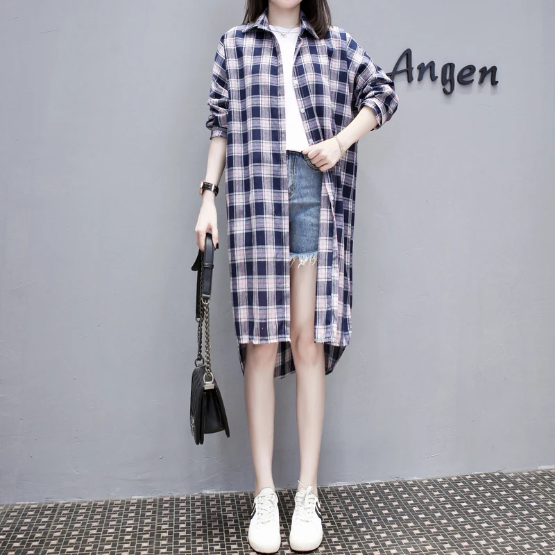 

4XL Plus Size Women Long Shirt Korean Fashion 2019 Casual Plaid Long Sleeve Blouse Low-high Design Ladies Sun-proof Blouses