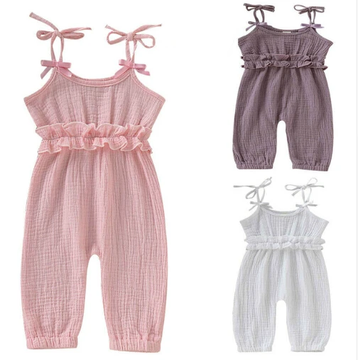 New Arrivals Overalls Romper Baby Girls Ruffle Solid Jumpsuit Summer Clothes Tracksuit Sleeveless Strap Rompers Infant Clothing | Детская