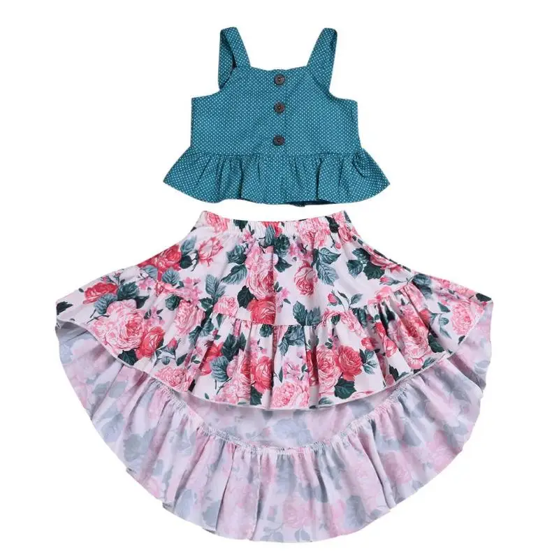 

Baby Girls Princess Dress Set 2pcs Kids Girls Dots Sling Ruffle Tops Irregular Cute Floral Dress Outfits Set for Baby Girls Gift