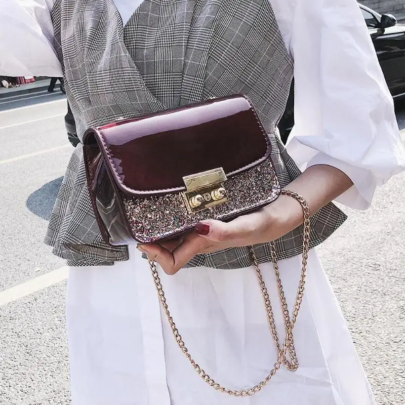 

Shining Sequins Women Patent Leather Shoulder Handbag Ladies Party Chain Messenger Crossbody Bag Female Travel Small Pouch Packs