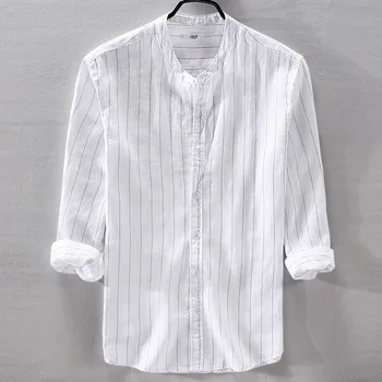 

#4734 White Beige Pure Linen Shirt Men Half Sleeve Summer 2019 Stand Collar Casual Vertical Striped Men's Shirts Casual Retro
