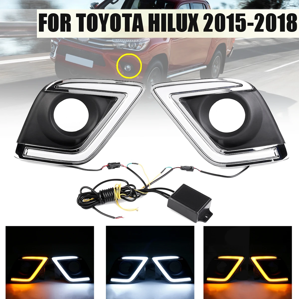 

1 Pair Car LED DRL Daytime Running Lights Turn Signal Lamp DRL fog lamp cover with turn signal For Toyota Hilux Revo 2015-2018