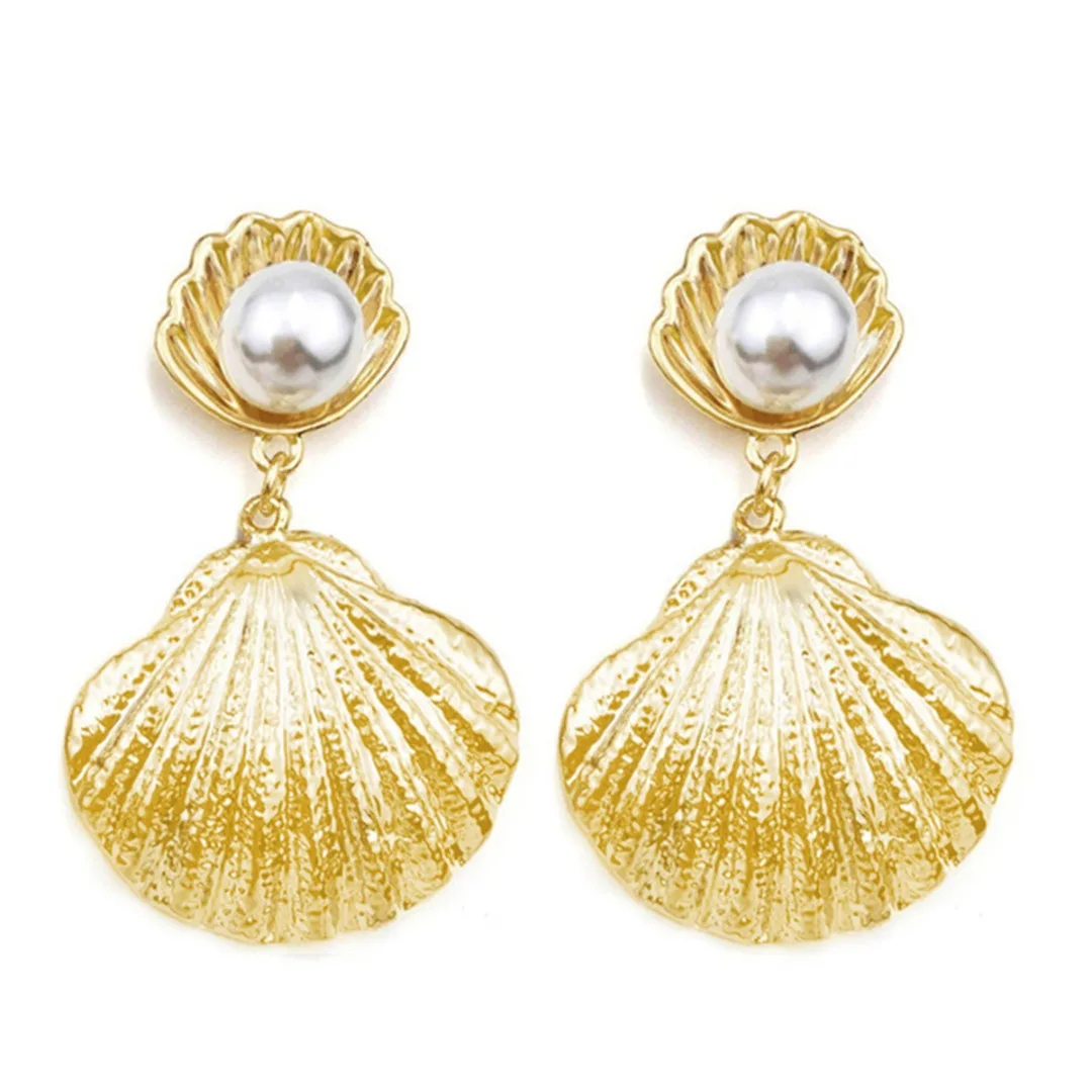 

2019 New Fashion Metal Shell Earring Women Statement Simulated Pearl Dangle Earring Shellhard Silver Gold Color Vintage Jewelry