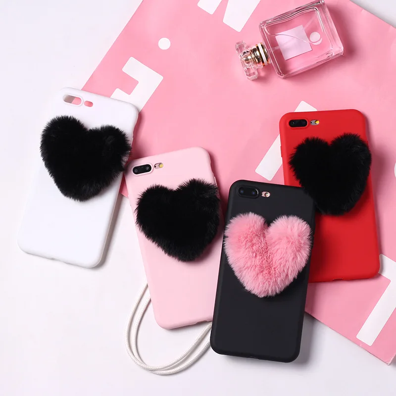 

Cute Lovely 3D Soft Furry Warm Love Heart Phone Case Back Cover For iPhone X XS Max XR 7 8 6s 6 Plus Black/Pink/Red/White