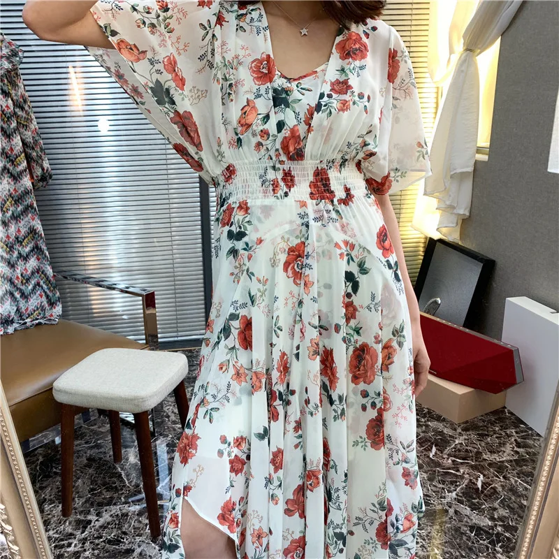 

Chiffon Chop dress Two Sets of Holiday Dress Strapless A-Line Print Women Dress 2019