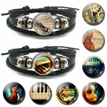 Instrumento de guitarra de violín Vintage, cúpula de cristal, joyería de músico, botón negro de marca de lujo, pulsera, accesorios de moda, regalo