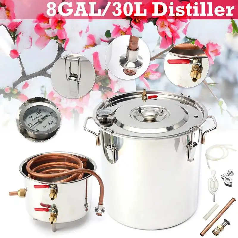 

8GAL/30L Distiller Moonshine Alcohol Stainless Copper DIY Home Water Wine Essential Oil Brewing Kit Beer Brewing
