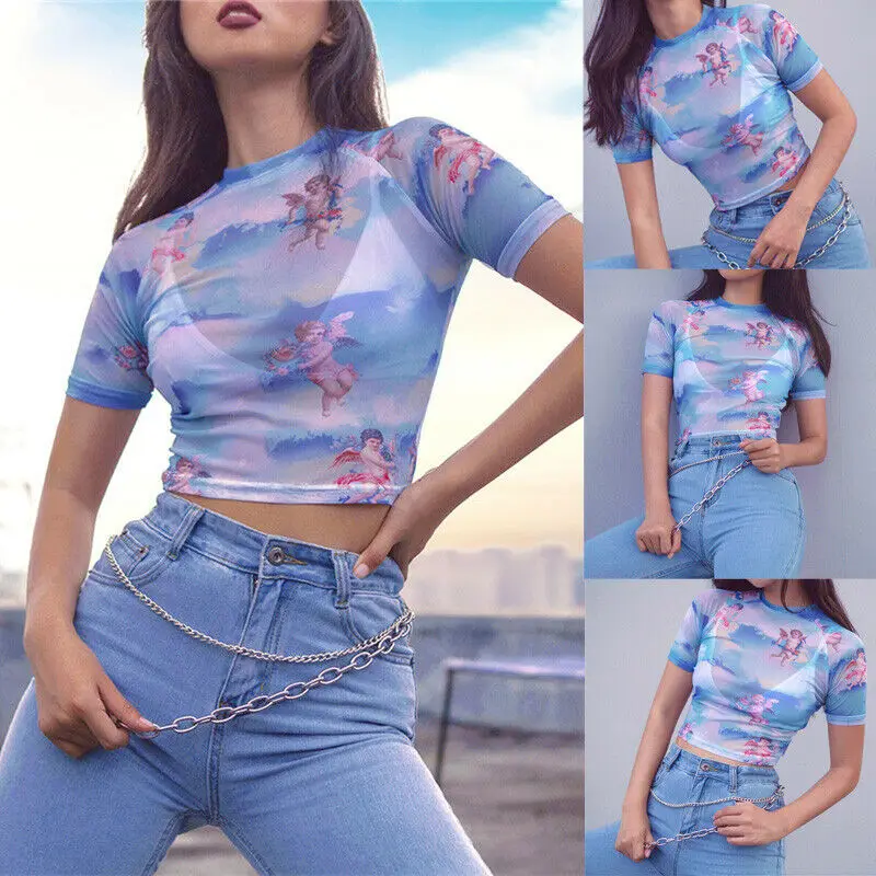 

2019 New Women Sexy Crew Neck Cupid Cherub Print Mesh Short Sleeve Crop Top T-Shirt translucent Tees