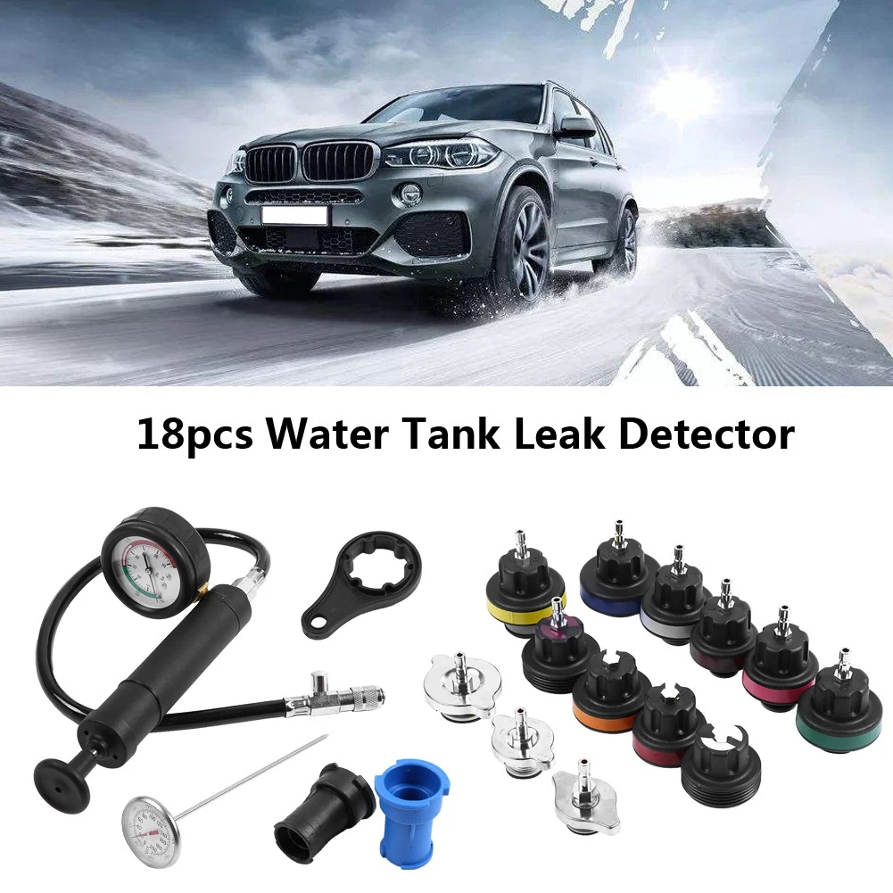 

1 Set 18pcs Water Tank Leak Detector Car Cooling System Tester Kit Car Diagnostic Tool Pressure Testing Hand Pump with Gauge NEW