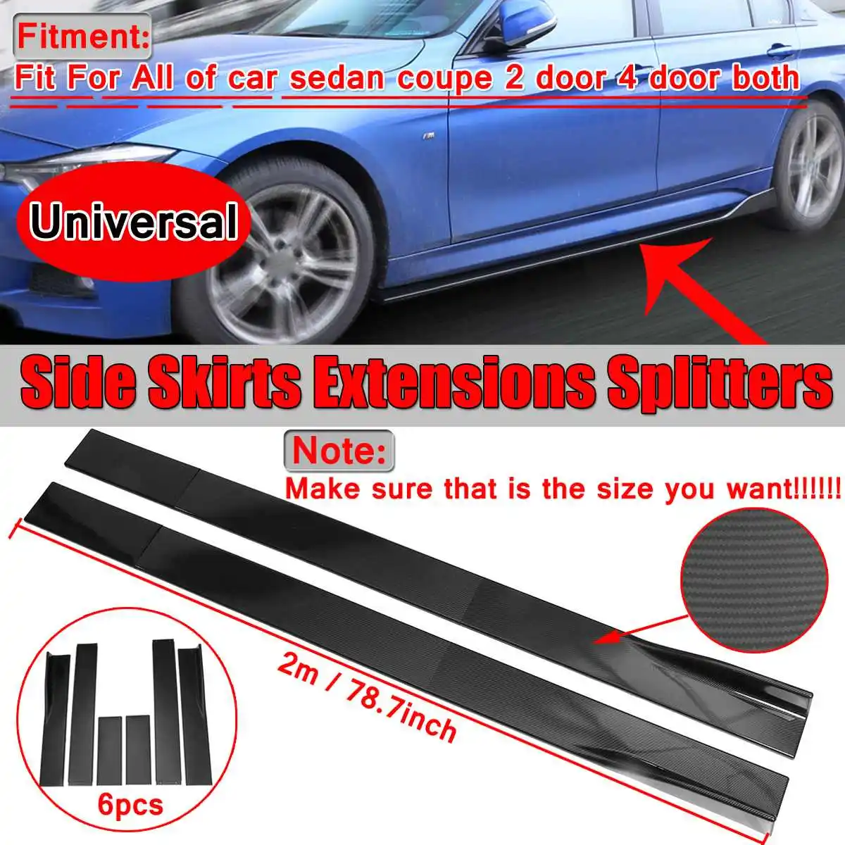 

6x Carbon Fiber Look /Black Car Side Skirt Extension Splitters Body Lip For BMW For Benz For Honda Side Skirt Winglet Splitter