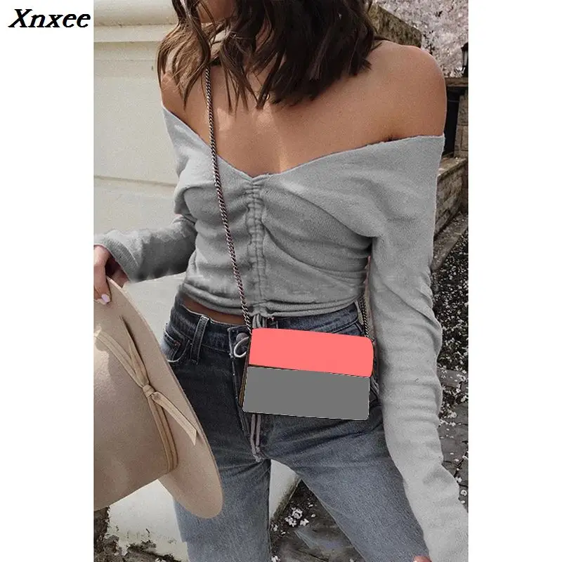 Sweater Women Sexy Off Shoulder V-Neck Solid Drawstring Women Sweaters Knitted Jumper Tops Long Sleeve Pullover Sweater Xnxee