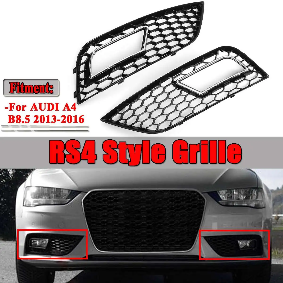 

A Pair Car Bumper Fog Light Lamp Cover Honeycomb Hex Front Racing Grille Grill For Audi A4 B8.5 2013-2016 RS4 Style Chrome/Black