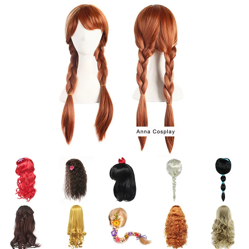 

Girls Princess Dress up Headgear Cosplay Elsa Anna Braid Mermaid Snow White Belle Wig Teenager Children Halloween Synthetic Hair