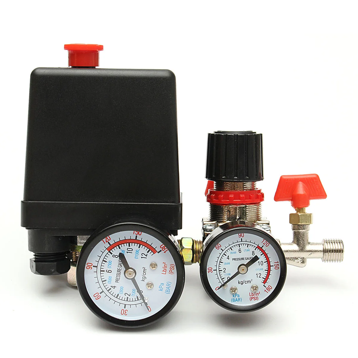 

240V AC Regulator Heavy Air Compressor Pump Pressure Control Switch 4 Port Air Pump Control Valve 7.25-125 PSI With Gauge