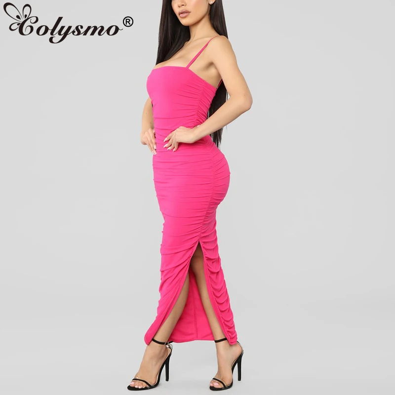 

Colysmo Ruched Bodycon Dress Women Spaghetti Straps Mesh Long Dress Elegant Sexy Summer Dress Woman Party Night Beach Maxi Robe