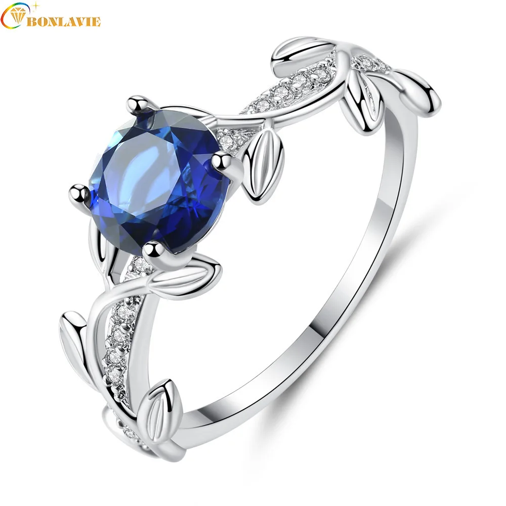 

Female Blue Zircon Stone Ring Silver Crystal Leaf Ring Wedding Band Jewelry Promise Engagement Rings For Women