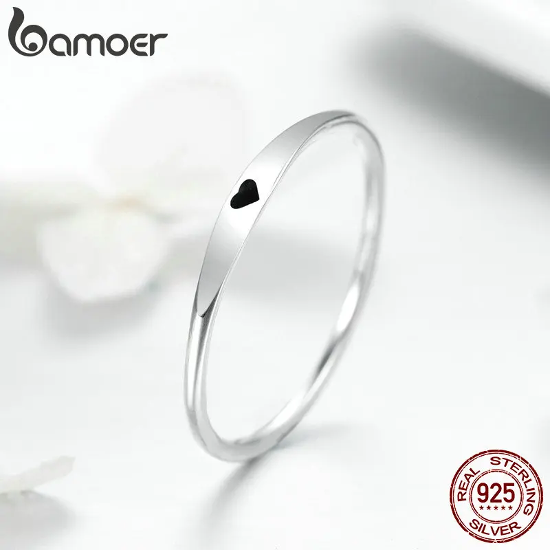 BAMOER 925 Sterling Silver Round Circle Pure Finger Ring Simple Heart Engrave Rings for Women Wedding Engagement Jewelry SCR468