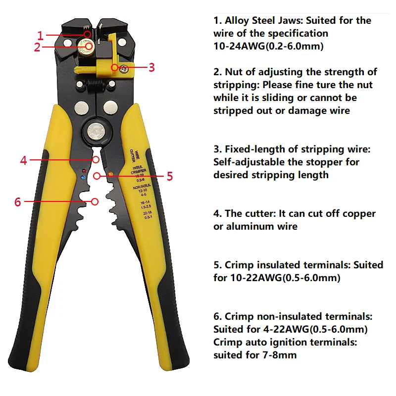 

Yalku Crimper Cable Cutter Multi tools Automatic stripping Pliers Terminal 0.2-6.0mm² Tool Cutting wire Pliers Multi-function