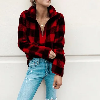 

Autumn Winter Women Hoodie Plaid Long Sleeve Turtleneck Zipper Top Pullover Warm Hoodies Sweatshirts Clothes