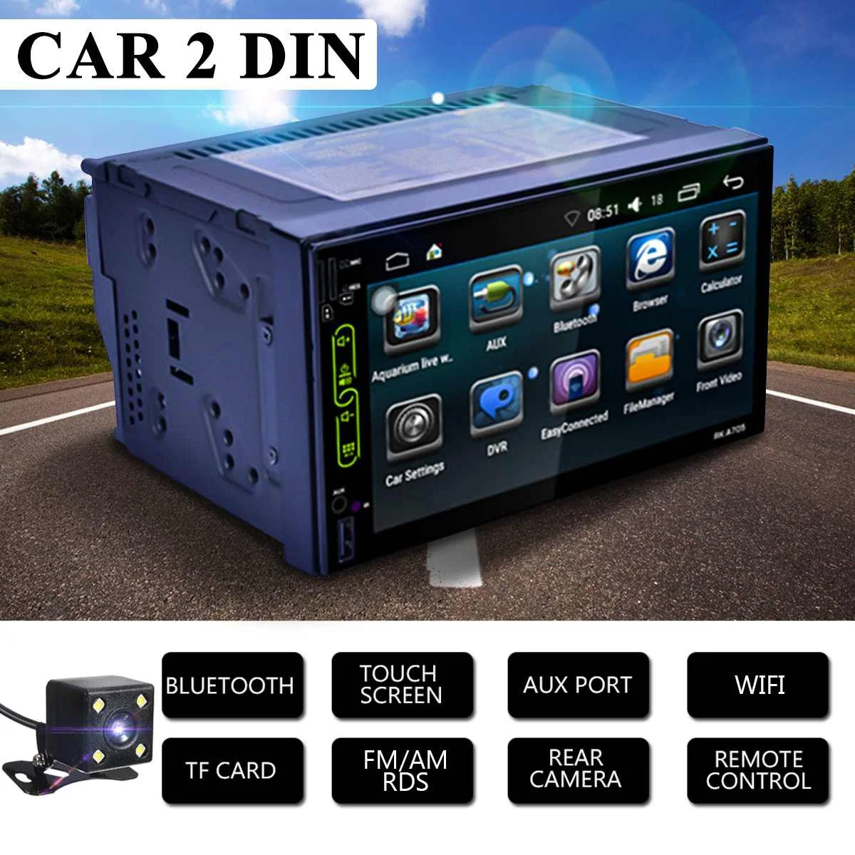 

7" 4 Core Android 6.0 Car Player GPS Receiver 2 DIN Radio Stereo OBD2 Touches Screen Support WIFI bluetooth FM Rear Radio Camera