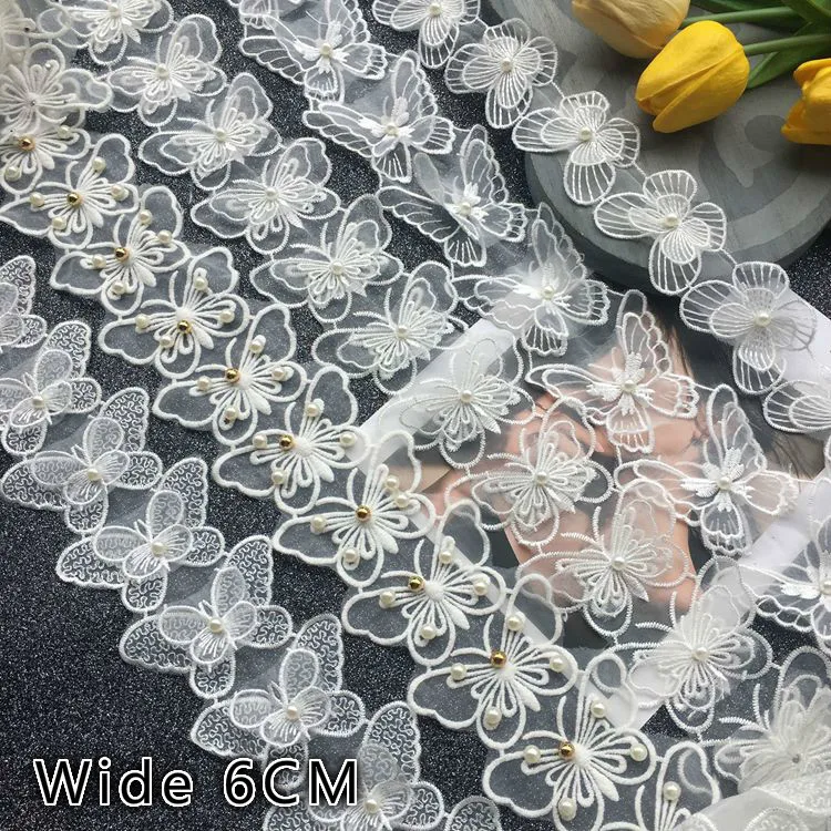 

Luxury White beaded Lace Fabric Double Layer 3D Organza Butterfly Ribbon Collar Neckline Garment Dress Edge Trim Decor Sewing