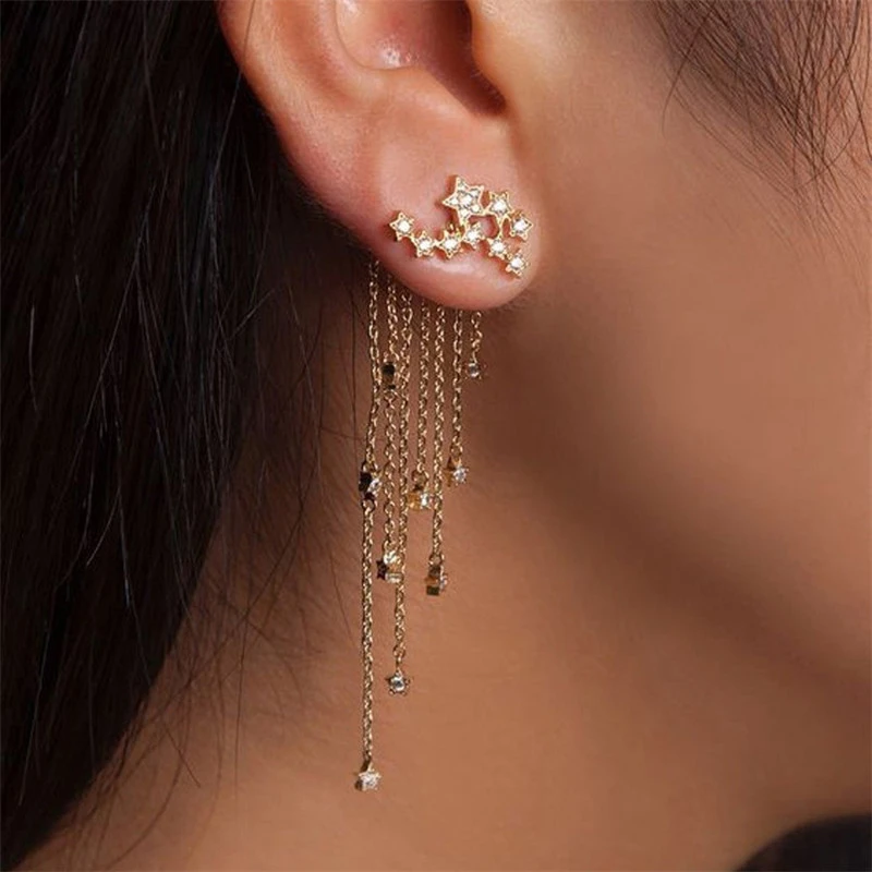Women Rear Hanging Earrings Crystal Long Statement Tassel Star Drop Earrings` 