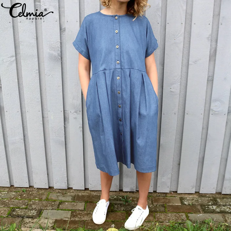 Celmia Summer Dress Casual Women Denim Pleated Dress Short Sleeve Button Down Party Vestido Mujer Kaftan Plus Size Sundress