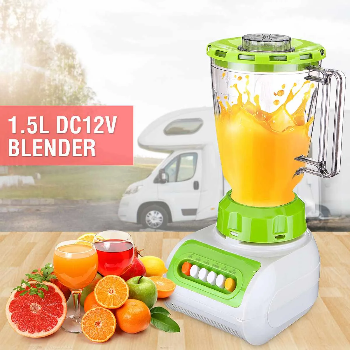 

1.5L DC 12V Juicer Mixer Juice Maker With Mill Jar Coffee Grinder For RV Cars 14x20x24.5cm Removable 4 Speed Motor with 6 Button