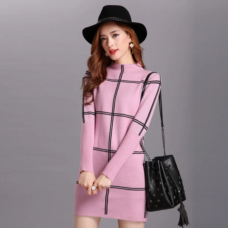 Цена Веселый симпатичный свитер, платья для зимы, Элегантная туника, клетчатое рождественское платье для женщин, половина водолазки, вязаные сви...