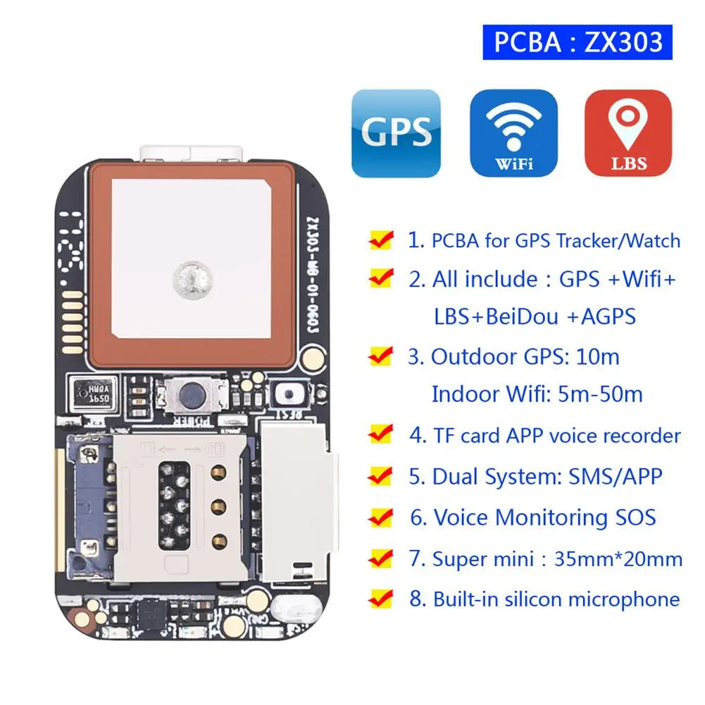 جديد ZX303 PCBA GPS المقتفي GSM GPS Wifi LBS محدد SOS إنذار الويب التطبيق تتبع TF بطاقة مسجل صوتي تنسيق SMS المزدوج نظام