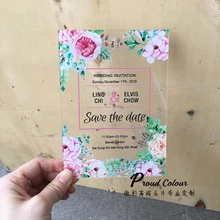 PROUD 10 шт. в партии пользовательские прозрачные акриловые карты мода стекло неделя свадебные приглашения Красочные Печать Цветок