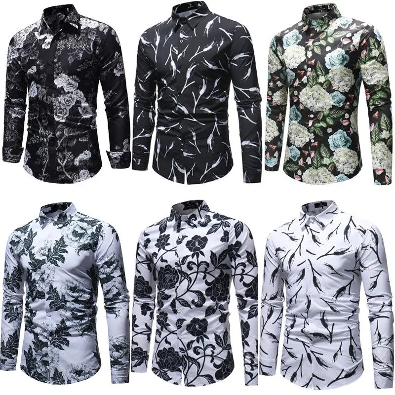 

Fashion Mens Slim Fit Floral Shirt Casual Long Sleeve Dress Shirts Luxury Tops