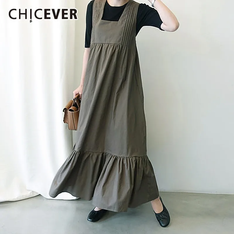 

CHICEVER Summer Casual Sleeveless Spaghetti Strap Dress For Women Square Collar Ruffles Hem Loose Plus Size Ankle Length Dresses