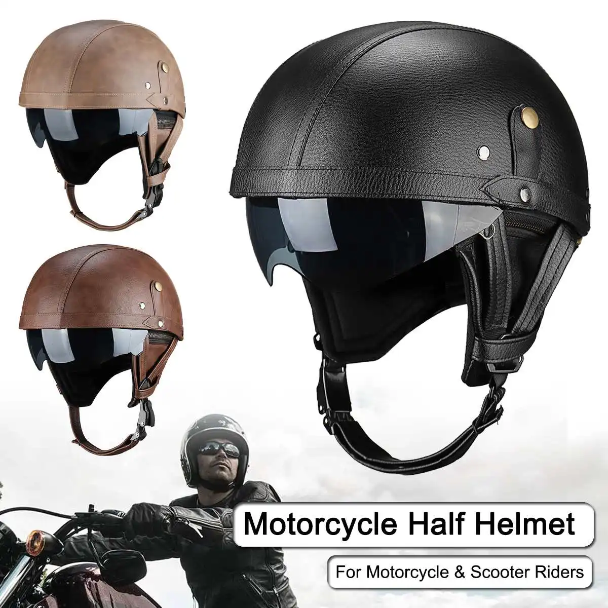 

PU Leather Retro Vintage Motorcycle Half Helmet Visor Goggle Motorbike Scooter Cruise