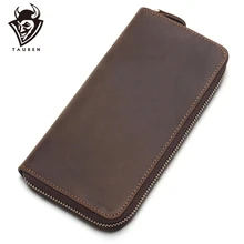 TAUREN Genuine Leather Men Zipper Wallets Vintage Crazy Horse Leather Men Cow Leather Wallets Man Purse Male Casual Clutch Bag 2018 genuine cow leather men